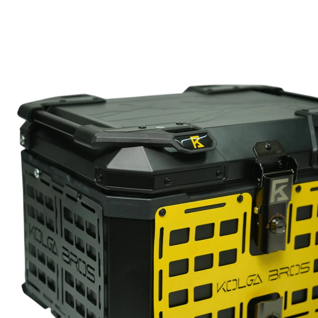 Motodrift KOLGA BROS 45L adventure motorcycle top box in black and yellow aluminium alloy with MOLLE-style side panels