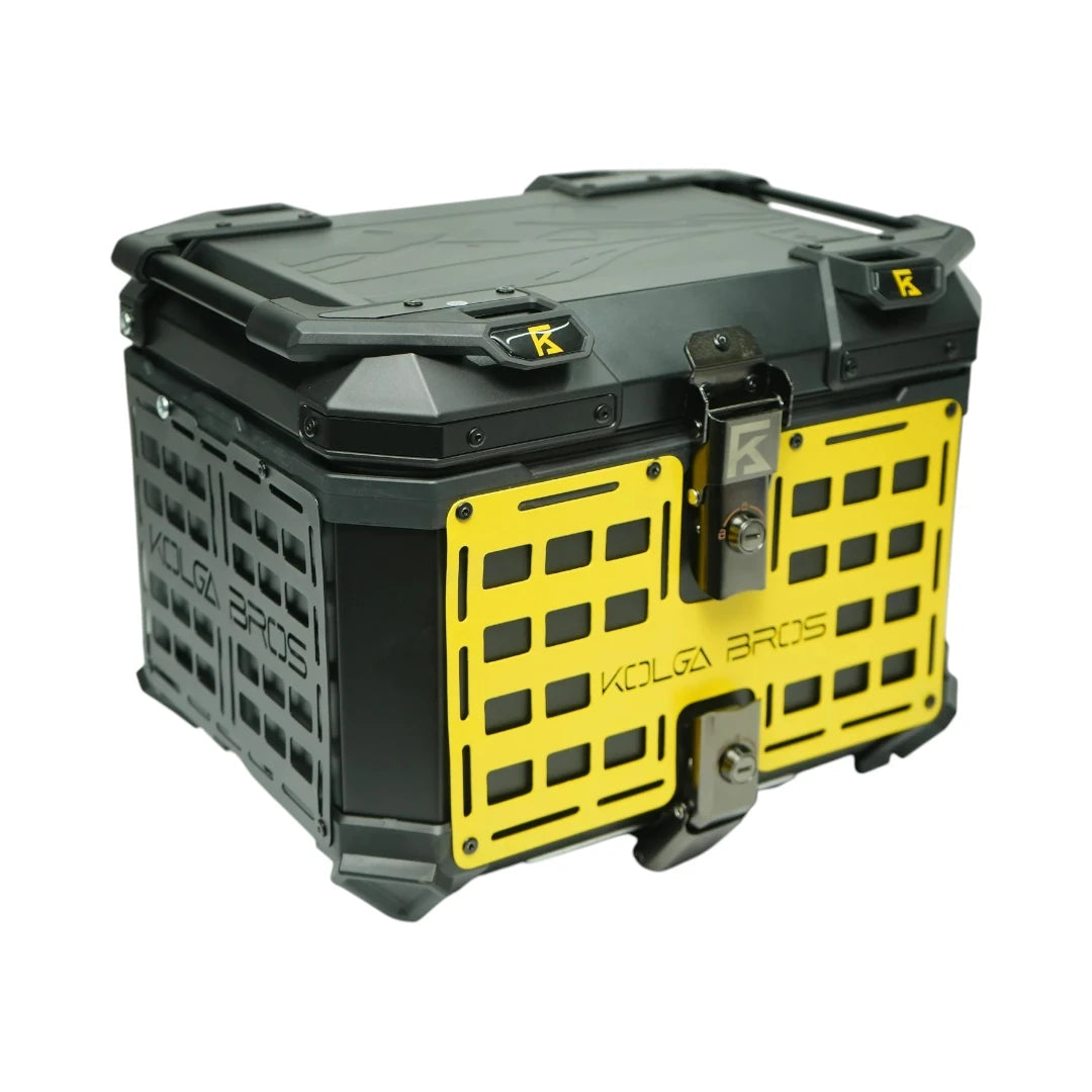 Motodrift KOLGA BROS 45L aluminium adventure motorcycle top box in black and yellow with MOLLE-style side panels.