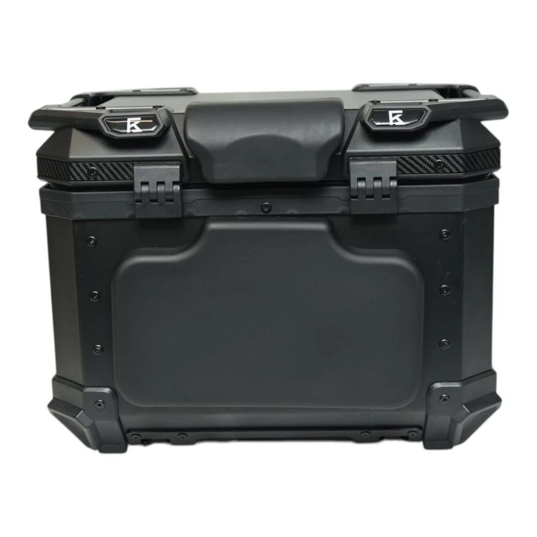 Motodrift KOLGA BROS black aluminium motorcycle top box with carbon fiber accents and back cushion