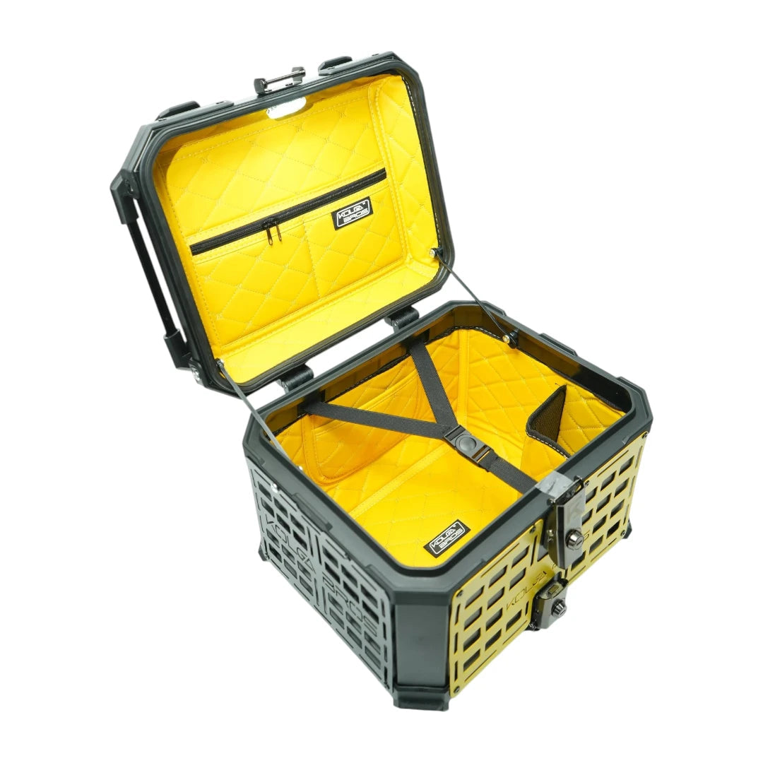 Motodrift KOLGA BROS 45L aluminium adventure motorcycle top box with open lid and bright yellow quilted interior lining