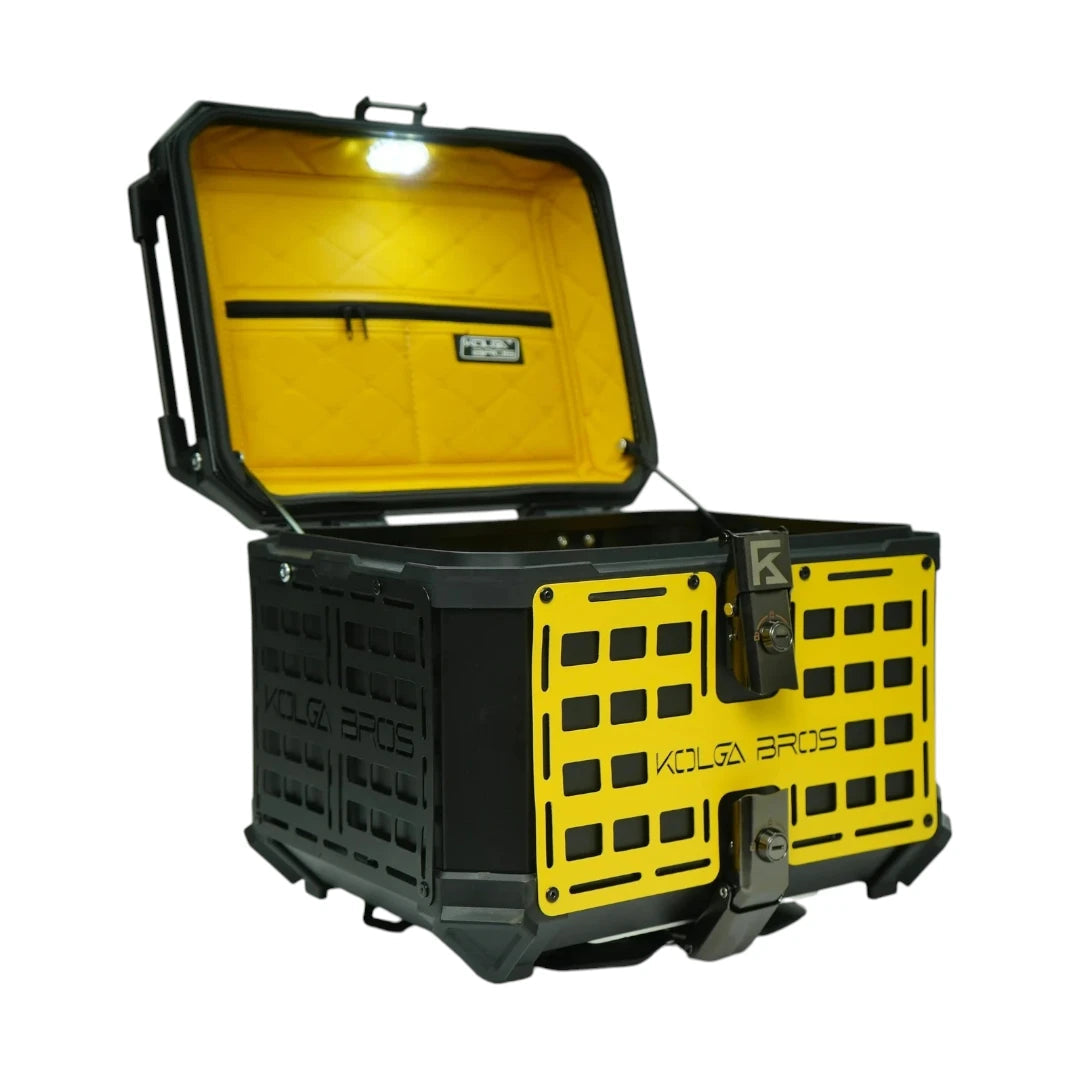 Motodrift KOLGA BROS 45L adventure motorcycle top box in black and yellow aluminium with internal LED light