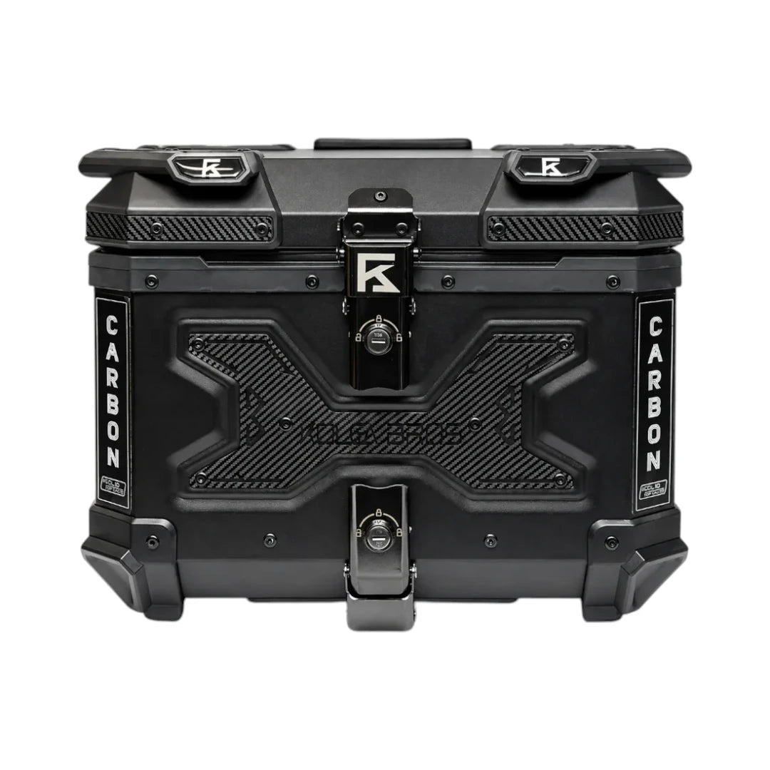 Motodrift KOLGA BROS Carbon aluminium motorcycle top box in black with carbon fiber accents and secure locking latches