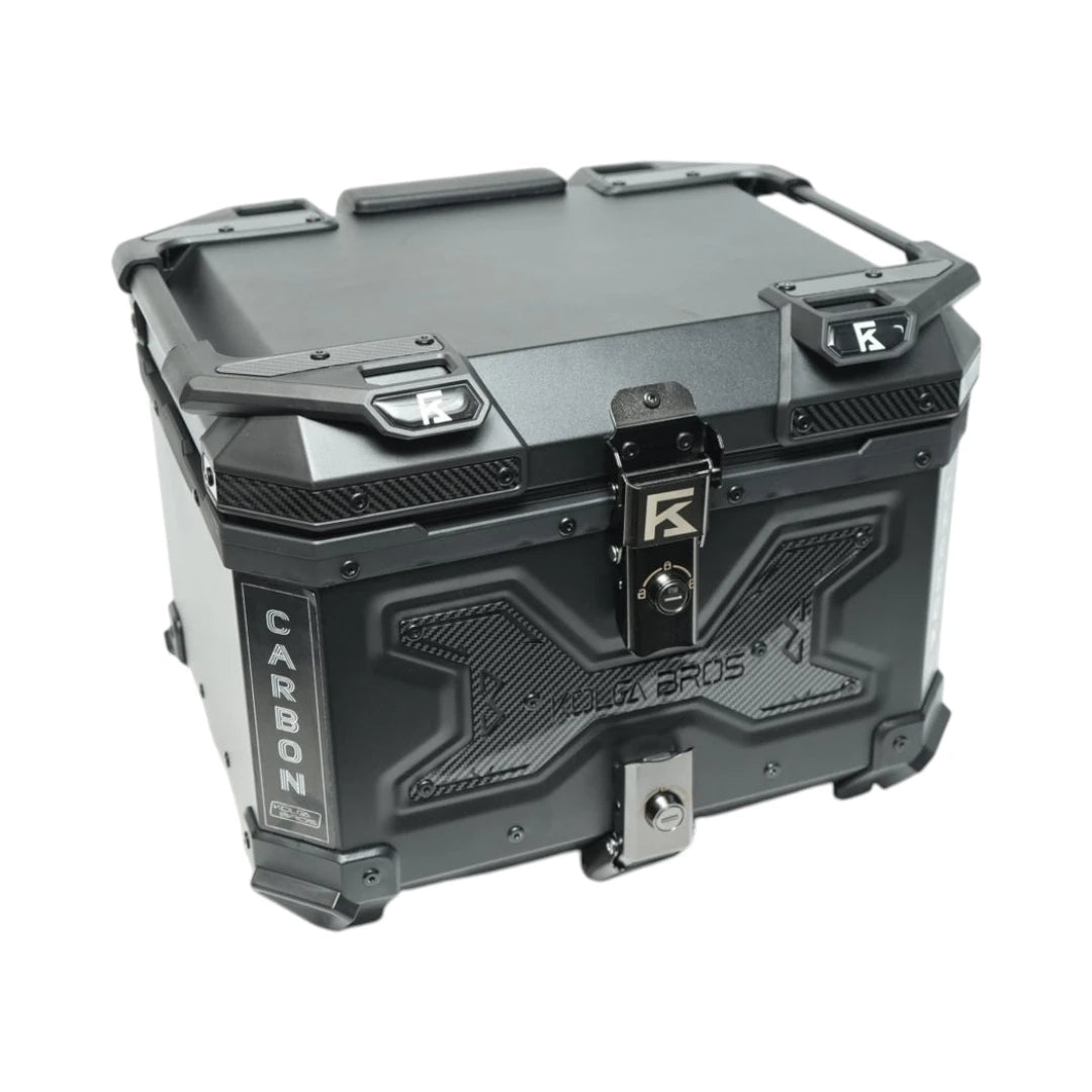 Motodrift KOLGA BROS Carbon motorcycle aluminium top box in black with reinforced corners and secure locking mechanism.