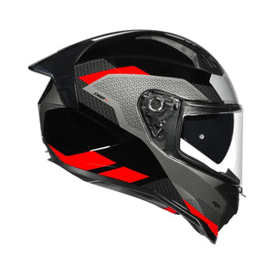 Motodrift Korda Evo Chief full-face motorcycle helmet in black, grey, and red with an aerodynamic rear spoiler.