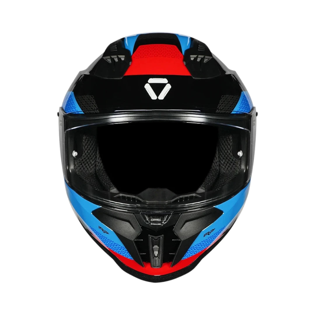 Motodrift Korda Evo Chief full-face motorcycle helmet in black, blue, and red with a clear visor and aerodynamic design