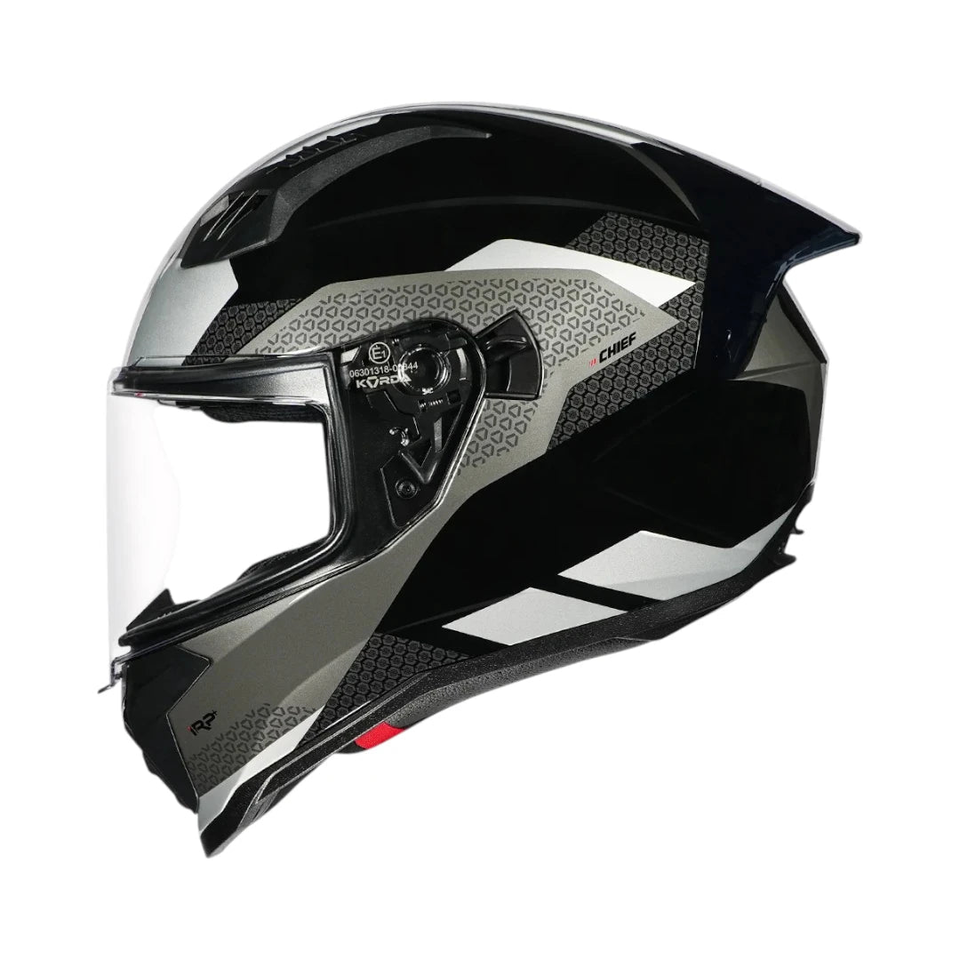 Motodrift Korda Evo Chief full-face motorcycle helmet in black and grey with aerodynamic spoiler and clear visor