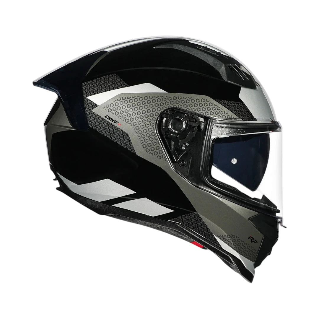 Motodrift Korda Evo Chief full-face motorcycle helmet in black and grey with aerodynamic spoiler and dual visor.