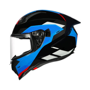 Motodrift Korda Evo Chief full-face motorcycle helmet in black, blue, and white with an aerodynamic rear spoiler.