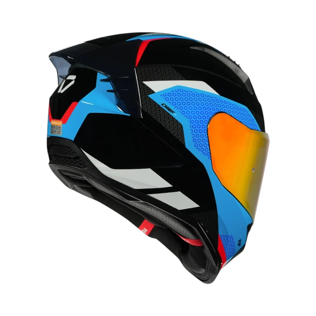 Motodrift Korda Evo Chief full-face motorcycle helmet in black with blue and red graphic accents and iridium visor
