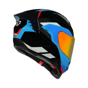 Motodrift Korda Evo Chief full-face motorcycle helmet in black with blue and red graphic accents and iridium visor