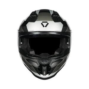 Motodrift Korda Evo Chief full-face motorcycle helmet in silver and black with an aerodynamic design and clear visor.