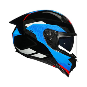 Motodrift Korda Evo Chief full-face motorcycle helmet in black, blue, and red with an aerodynamic rear spoiler.