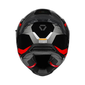 Motodrift Korda Evo Chief full-face motorcycle helmet in black and red, viewed from the rear with safety certifications.