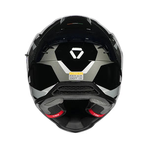 Rear view of Motodrift Korda Evo Chief full-face motorcycle helmet featuring aerodynamic spoiler and safety labels