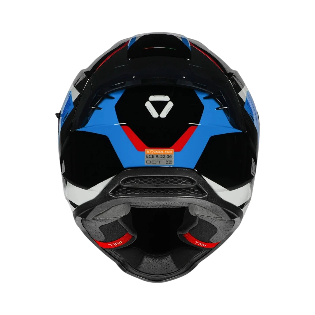 Motodrift Korda Evo Chief full face motorcycle helmet viewed from the rear showing aerodynamic spoiler and branding