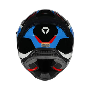 Motodrift Korda Evo Chief full face motorcycle helmet viewed from the rear showing aerodynamic spoiler and branding