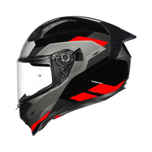 Motodrift Korda Evo Chief full-face motorcycle helmet in black, grey, and red with an aerodynamic rear spoiler.