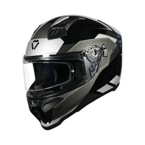 Motodrift Korda Evo Chief full-face motorcycle helmet in black and silver with aerodynamic spoiler and clear visor