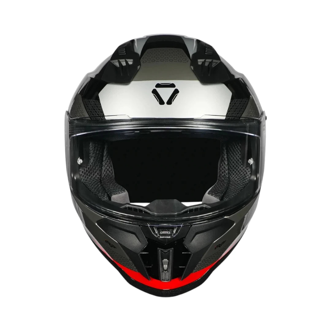 Motodrift Korda Evo Chief full-face motorcycle helmet in black and silver with a clear visor and aerodynamic spoiler
