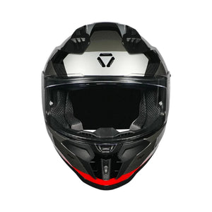 Motodrift Korda Evo Chief full-face motorcycle helmet in black and silver with a clear visor and aerodynamic spoiler