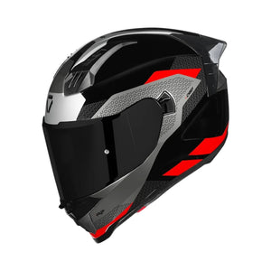 Motodrift Korda Evo Chief full-face motorcycle helmet in black, grey, and red with an aerodynamic spoiler.