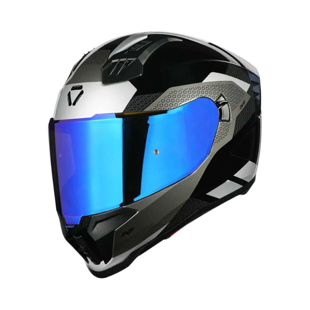 Motodrift Korda Evo Chief full-face motorcycle helmet in black and silver with a reflective blue visor
