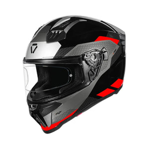 Motodrift Korda Evo Chief full-face motorcycle helmet in black, grey, and red with an aerodynamic spoiler.