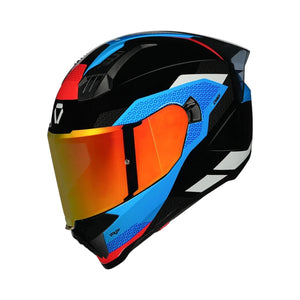 Motodrift Korda Evo Chief full-face motorcycle helmet in black, blue, and red with an iridescent orange visor.