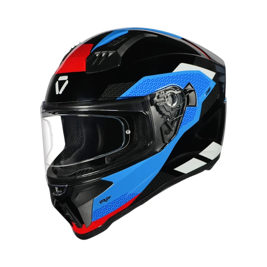 Motodrift Korda Evo Chief full-face motorcycle helmet in black, blue, and red with an aerodynamic spoiler and visor.