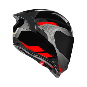 Motodrift Korda Evo Chief full-face motorcycle helmet in black, grey, and red with an aerodynamic rear spoiler.
