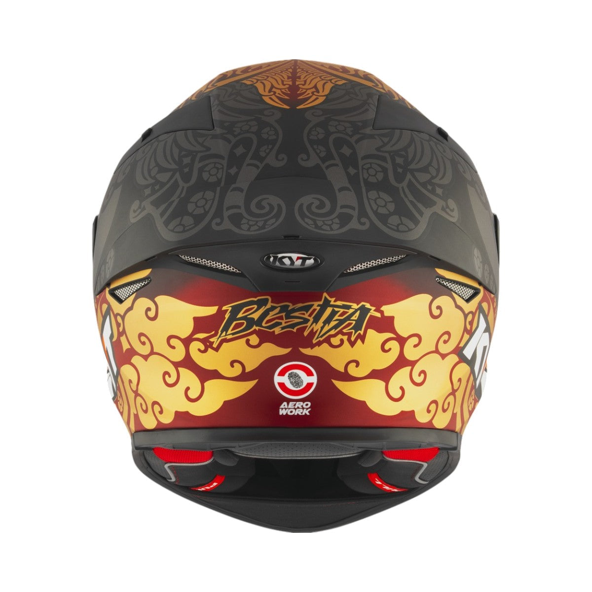 Motodrift KYT TT Revo Enea Bastianini Indonesia 2023 matte replica motorcycle helmet, rear view with racing graphics.