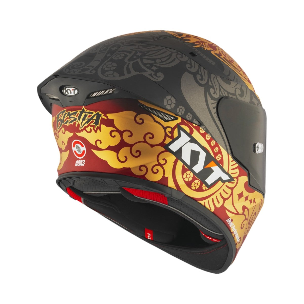 Motodrift KYT TT Revo Enea Bastianini matte replica motorcycle helmet with red and gold racing graphics, rear view