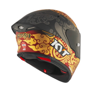 Motodrift KYT TT Revo Enea Bastianini matte replica motorcycle helmet with red and gold racing graphics, rear view