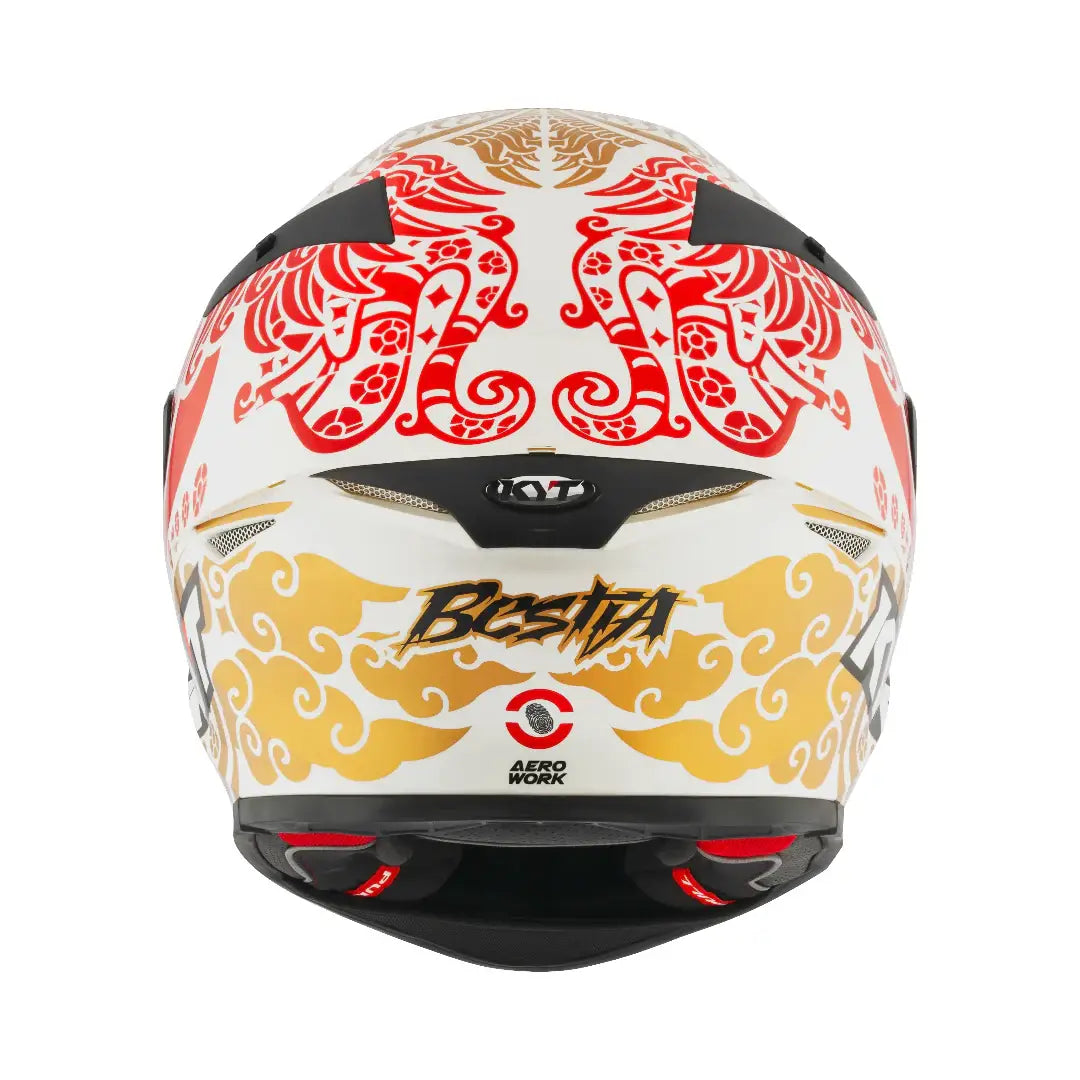 Motodrift KYT TT Revo Enea Bastianini Indonesia replica helmet, rear view featuring white, red, and gold graphics.