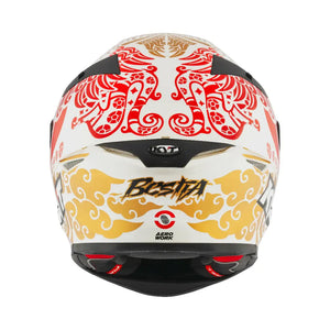 Motodrift KYT TT Revo Enea Bastianini Indonesia replica helmet, rear view featuring white, red, and gold graphics.