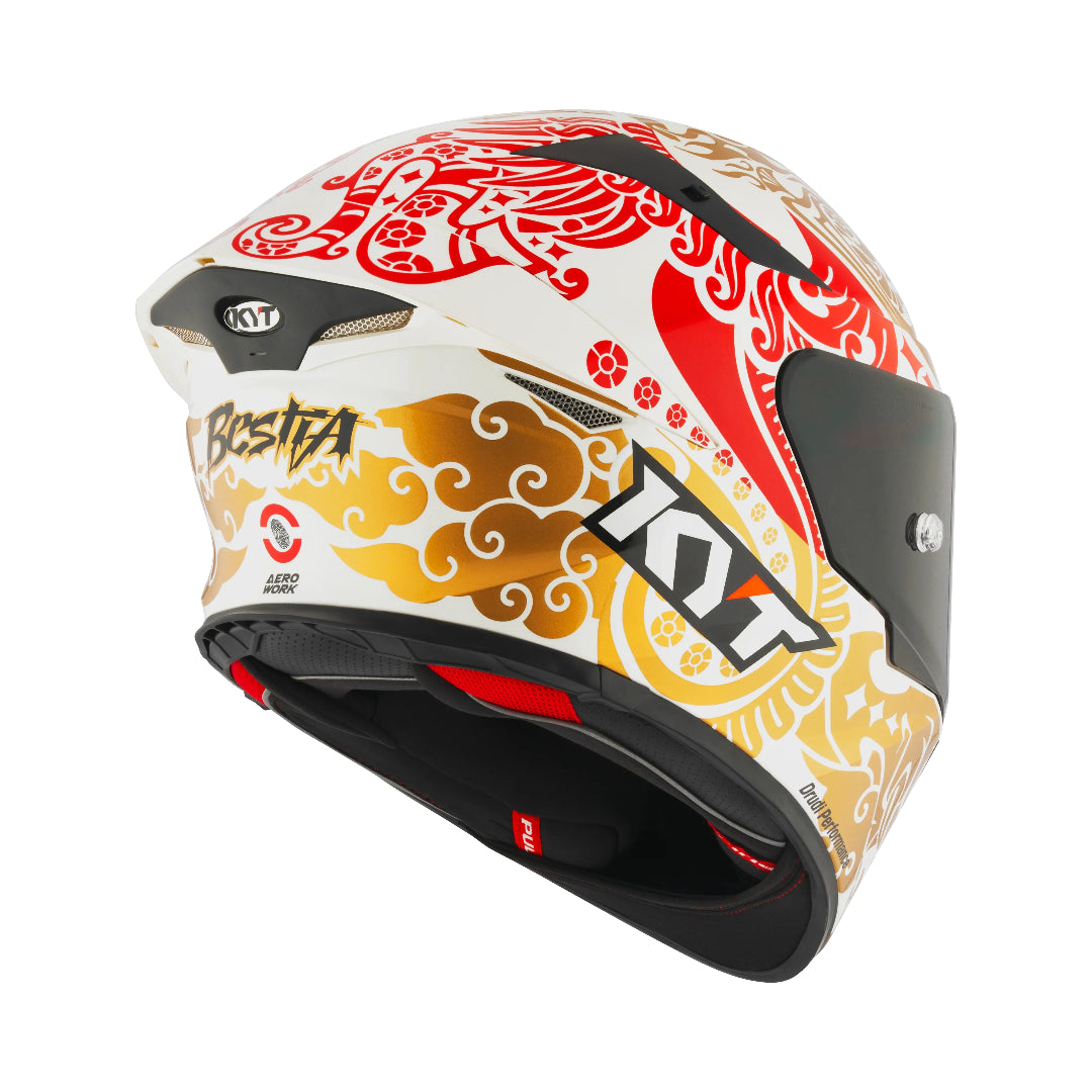 Motodrift KYT TT Revo Enea Bastianini replica motorcycle helmet in gloss pearl white with red and gold graphic