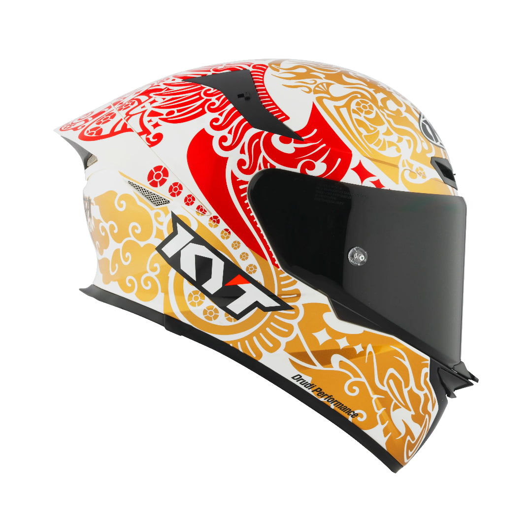 Motodrift KYT TT Revo Enea Bastianini Indonesia replica motorcycle helmet in gloss pearl white with red and gold art