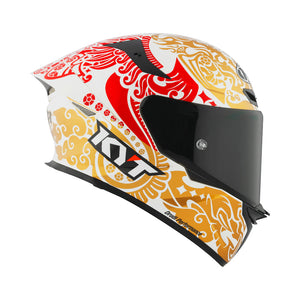 Motodrift KYT TT Revo Enea Bastianini Indonesia replica motorcycle helmet in gloss pearl white with red and gold art