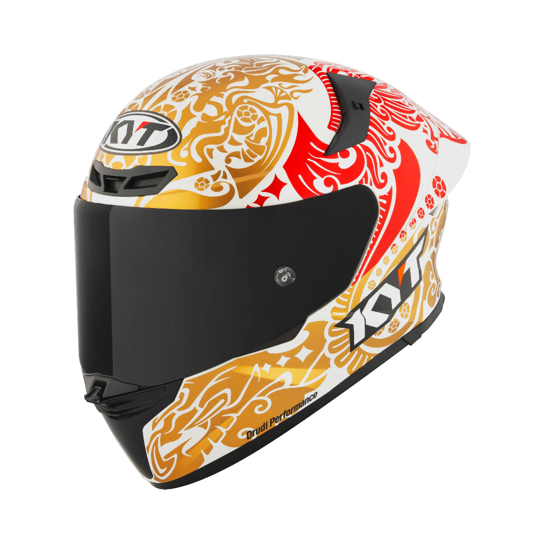Motodrift KYT TT Revo Enea Bastianini Indonesia replica motorcycle helmet in gloss pearl white with gold and red art.