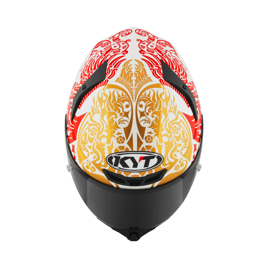 Motodrift KYT TT Revo Enea Bastianini Indonesia replica helmet in gloss pearl white with red and gold graphic details.