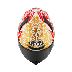 Motodrift KYT TT Revo Enea Bastianini Indonesia replica helmet in gloss pearl white with red and gold graphic details.