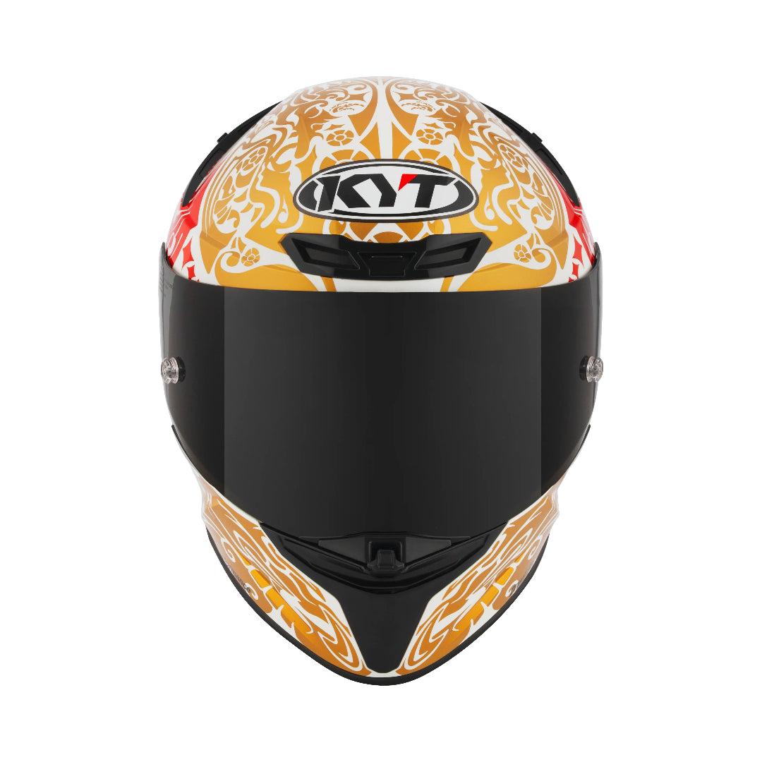 Motodrift KYT TT Revo Enea Bastianini replica motorcycle helmet with white and gold graphic and dark tinted visor