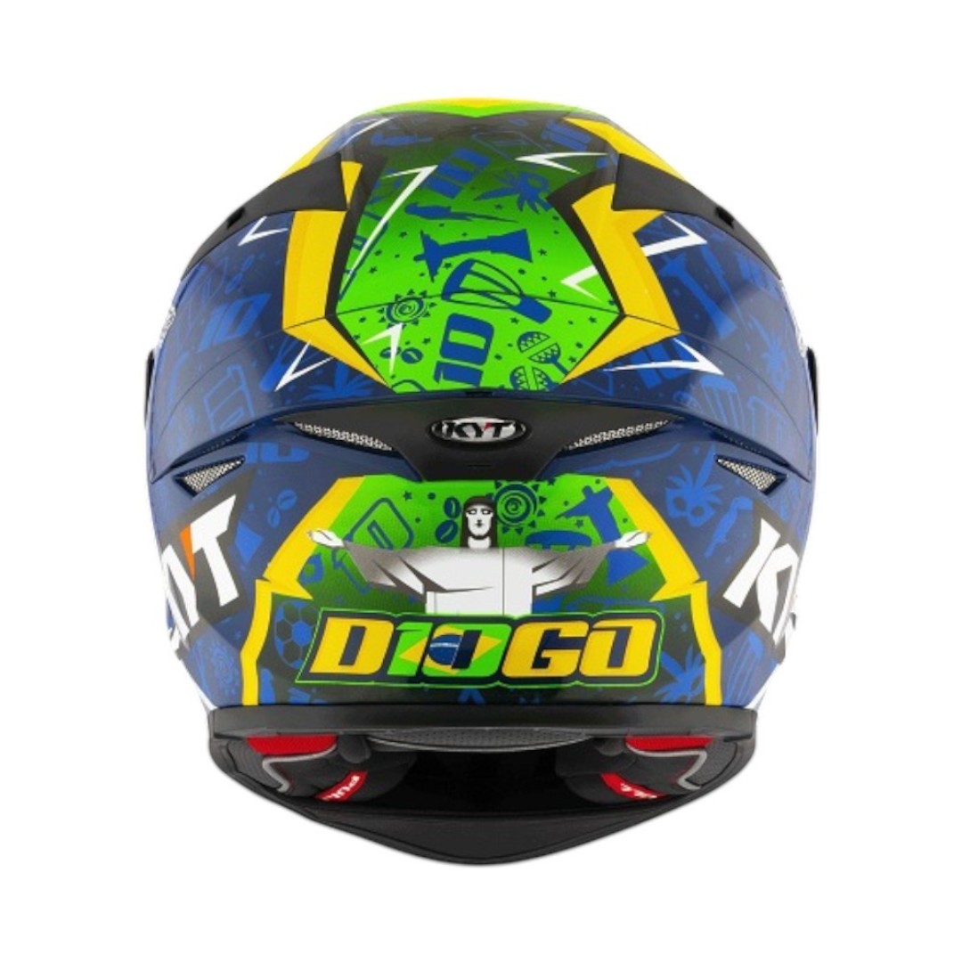 Rear view of the Motodrift KYT TT Revo Diogo Moreira replica helmet featuring vibrant blue, yellow, and green graphics.