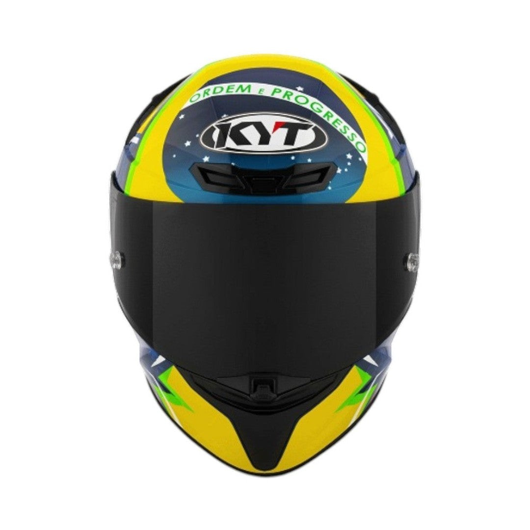 Motodrift KYT TT Revo Diogo Moreira replica helmet featuring vibrant yellow, green, and blue Brazilian flag graphics.