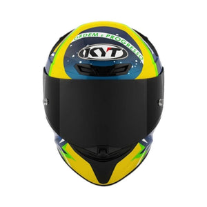 Motodrift KYT TT Revo Diogo Moreira replica helmet featuring vibrant yellow, green, and blue Brazilian flag graphics.