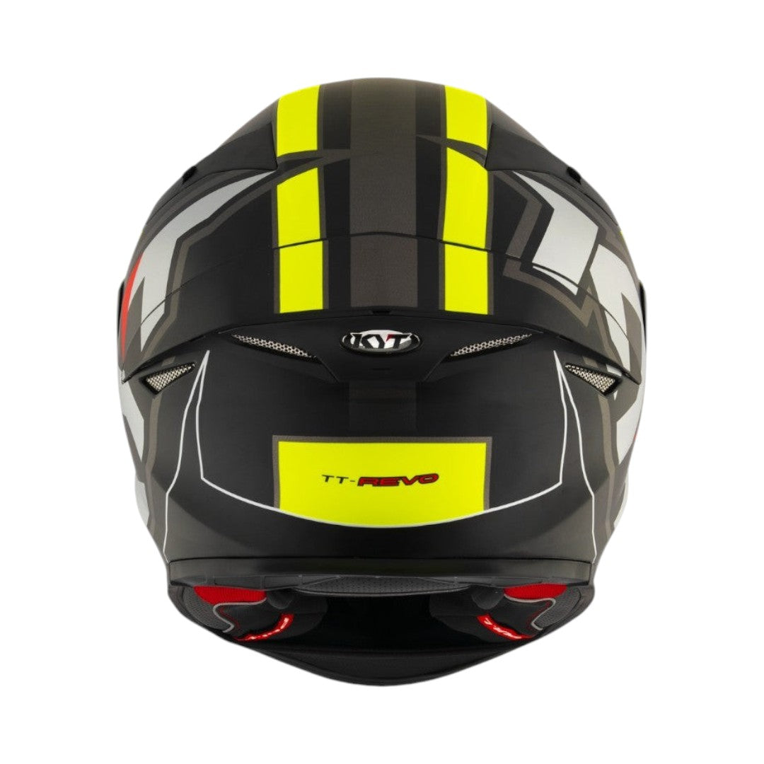 Motodrift KYT TT Revo Electron motorcycle helmet in black with neon yellow racing stripes, rear view showing spoiler