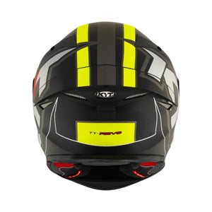 Motodrift KYT TT Revo Electron motorcycle helmet in black with neon yellow racing stripes, rear view showing spoiler