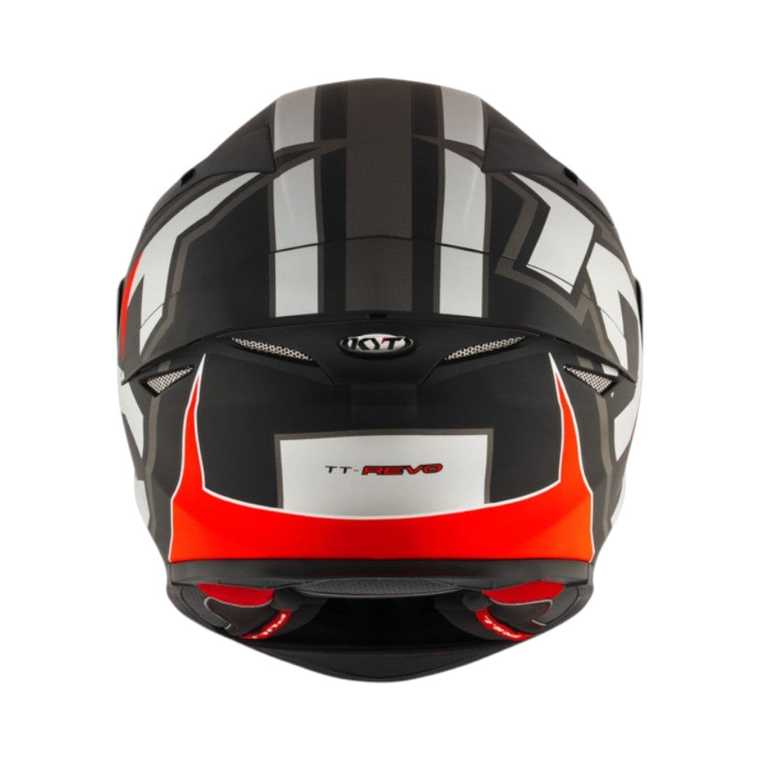 Motodrift KYT TT Revo Electron motorcycle helmet in black, grey, and red, showing the aerodynamic rear spoiler view.
