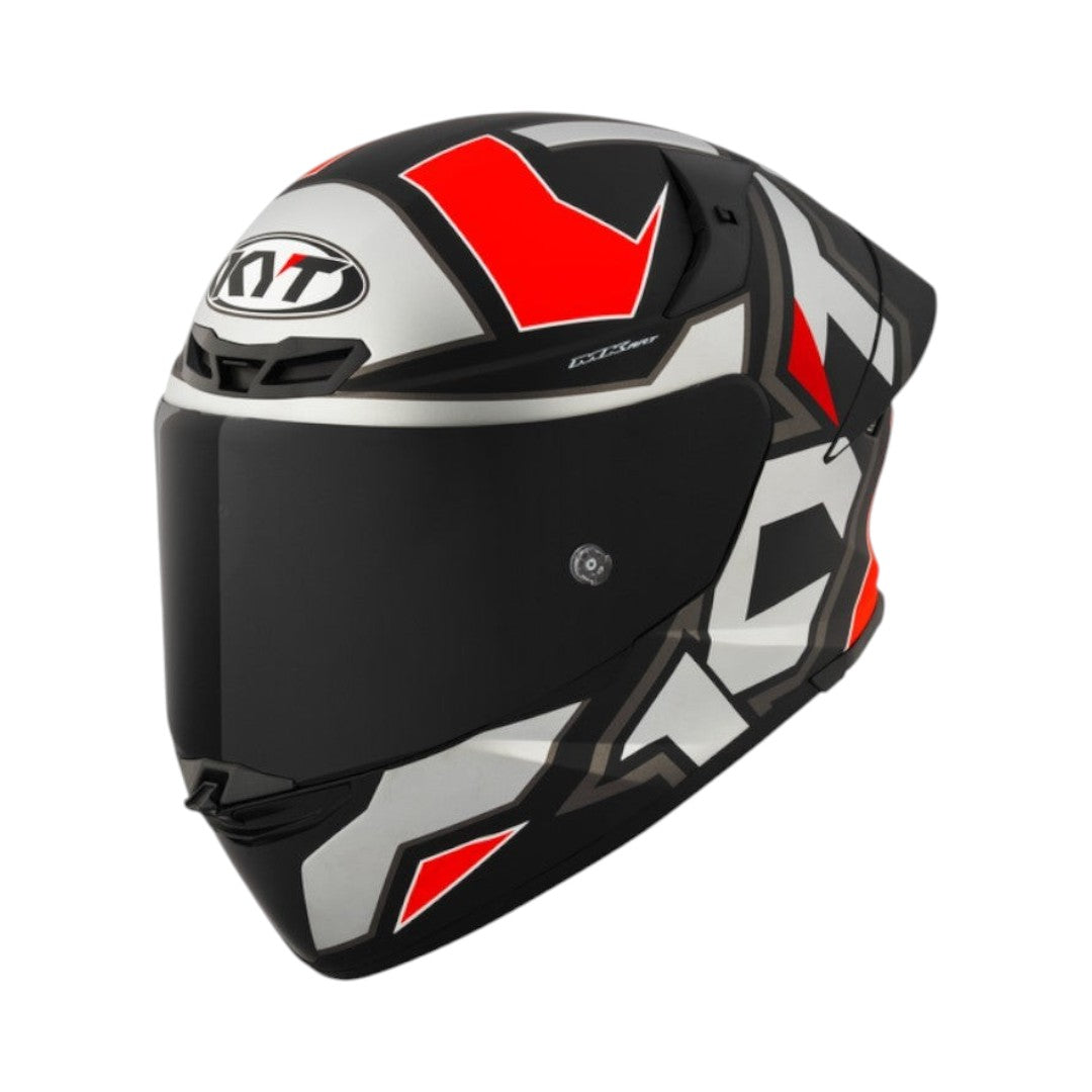 Motodrift KYT TT Revo Electron full-face motorcycle helmet in black, white, and red with an aerodynamic spoiler