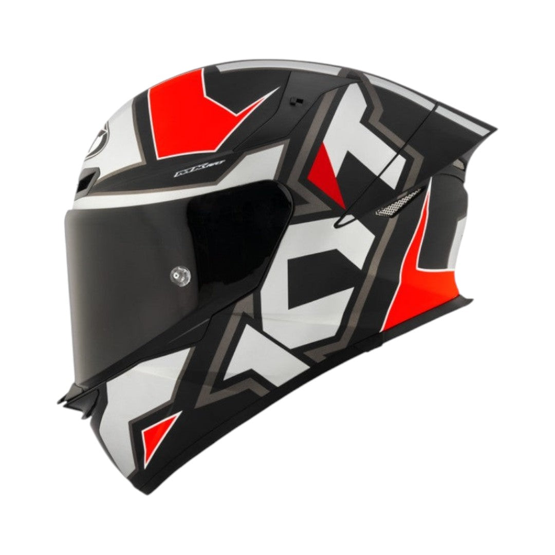 Motodrift KYT TT Revo Electron full-face motorcycle helmet in black, white, and red with aerodynamic spoiler